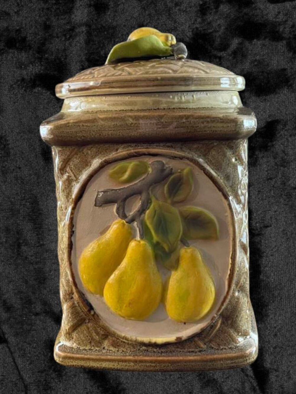 Vintage 1970s Majolica Style Ceramic Canister Basketweave 3D Pears Cottagecore